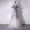 Piękne Szary Błękitne Frezowanie Cekiny Sukienki Na Bal 2024 Princessa Przy Ramieniu Bez Rękawów Bez Pleców Długie Bal Sukienki Wizytowe