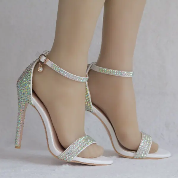 Schöne Weiß Brautschuhe 2018 Strass Knöchelriemen 11 cm Stilettos Peeptoes Hochzeit Hochhackige