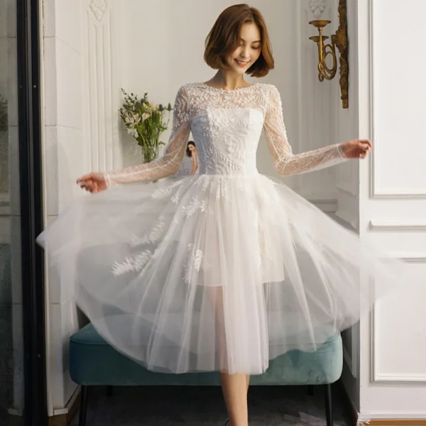 Chic / Beautiful White Beach Wedding Dresses 2018 A-Line / Princess Lace Flower Scoop Neck Backless Long Sleeve Tea-length Wedding