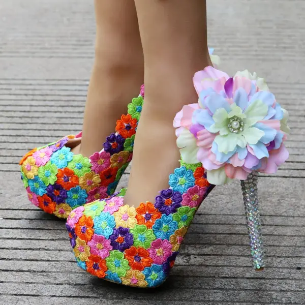Flower Fairy Multi-Colors Prom Pumps 2018 Lace Handmade  Flower 14 cm Rhinestone Stiletto Heels Round Toe Pumps