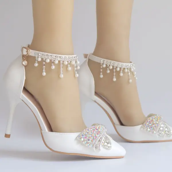 Modern / Fashion White Wedding Shoes 2018 Pearl Rhinestone Tassel 9 cm Stiletto Heels Pointed Toe Wedding High Heels