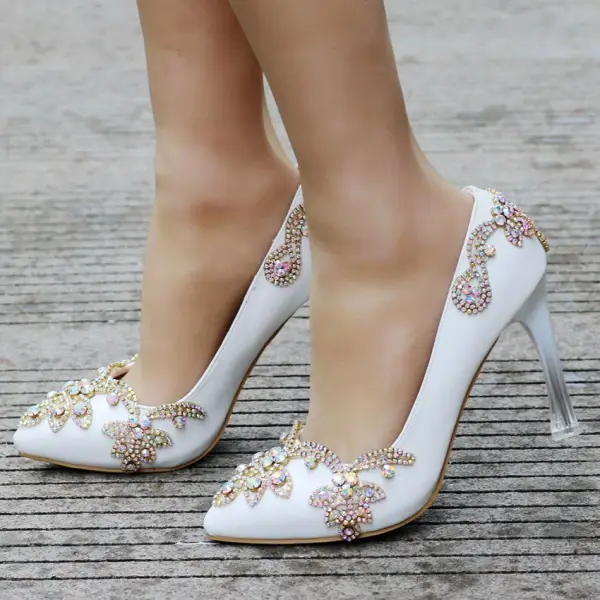 Mode Vita Brudskor 2018 Rhinestone 9 cm Kristall Stilettklackar Spetsiga Bröllop Pumps