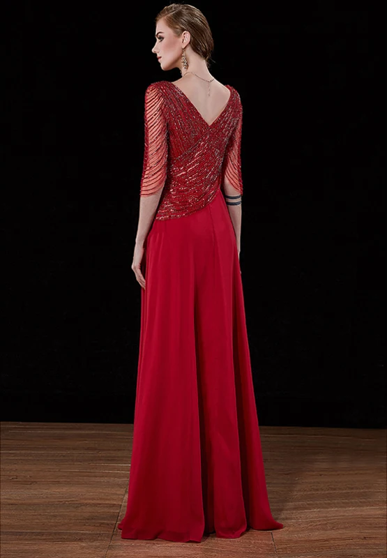 Luxury / Gorgeous Burgundy Handmade Beading Evening Dresses 2019 A-Line / Princess Sequins V-Neck Backless 3/4 Sleeve Floor-Length / Long Formal Dresses