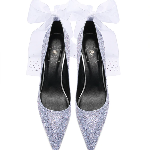 Lyx Glittrande Silver Brudskor 2019 Rosett Läder Rhinestone 9 cm Stilettklackar Spetsiga Bröllop Pumps
