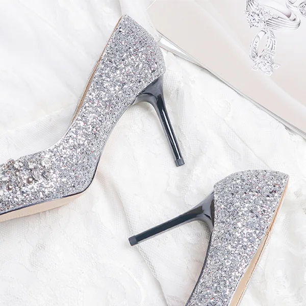 Scintillantes Argenté Chaussure De Mariée 2019 Cuir Perlage Cristal Faux Diamant Paillettes 10 cm Talons Aiguilles À Bout Rond Mariage Escarpins