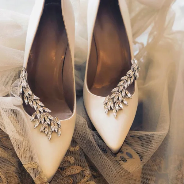 Chic / Beautiful Champagne Wedding Shoes 2019 Leather Crystal 10 cm Stiletto Heels Pointed Toe Wedding Pumps