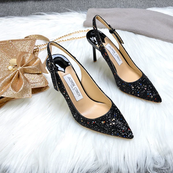 Scintillantes Champagne Soirée Chaussures Femmes 2019 Boucle Cuir Paillettes Faux Diamant 9 cm Talons Aiguilles À Bout Pointu Talons Hauts