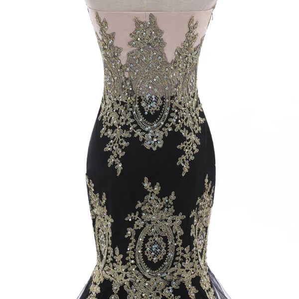 Charmant Noire Robe De Soirée 2018 Trompette / Sirène Bustier Dos Nu En Dentelle Fleur Faux Diamant Sans Manches Longue Robe De Ceremonie