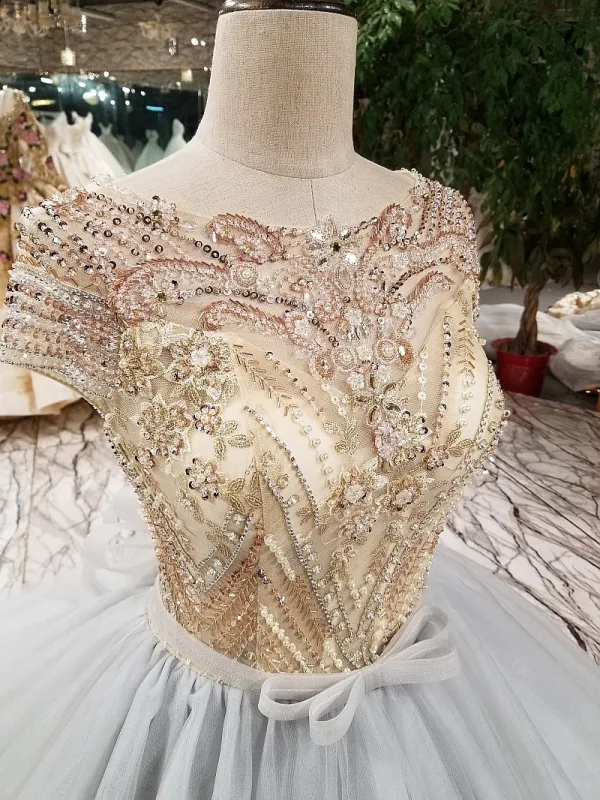 Sparkly Vintage / Retro Grey Handmade Beading Prom Dresses 2019 Ball Gown Scoop Neck Crystal Pearl Sequins Short Sleeve Backless Bow Cathedral Train Formal Dresses