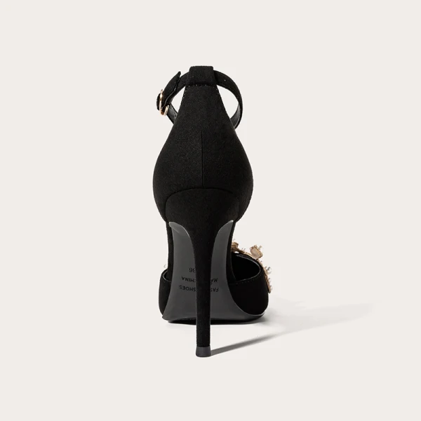 Charming Black Evening Party Leather Pearl Rhinestone Womens Shoes 2021 Ankle Strap 10 cm Stiletto Heels Pointed Toe High Heels