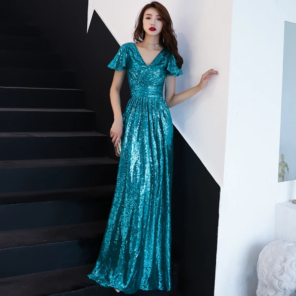 Scintillantes Bleu Marine Paillettes Robe De Soirée 2019 Princesse V-Cou Manches Courtes Dos Nu Longue Robe De Ceremonie