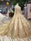 Luxe Doré Robe De Mariée 2019 Robe Boule Glitter Tulle Encolure Dégagée Perlage Cristal Gland En Dentelle Fleur Manches Longues Dos Nu Royal Train