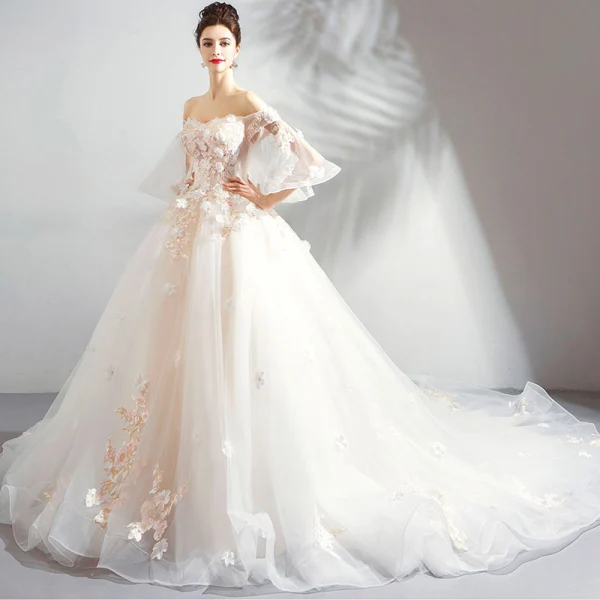 Charming Champagne Wedding Dresses 2019 A-Line / Princess Off-The-Shoulder Appliques Embroidered Pearl 3/4 Sleeve Backless Cathedral Train
