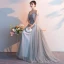 Élégant Gris Robe De Soirée 2019 Princesse Bretelles Spaghetti Perlage Cristal Manches Courtes Dos Nu Train De Balayage Robe De Ceremonie