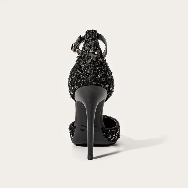 Charmant Schwarz Abend Perlenstickerei Pailletten Sandalen Damen 2021 Leder Knöchelriemen 10 cm Stilettos Spitzschuh Pumps Hochhackige