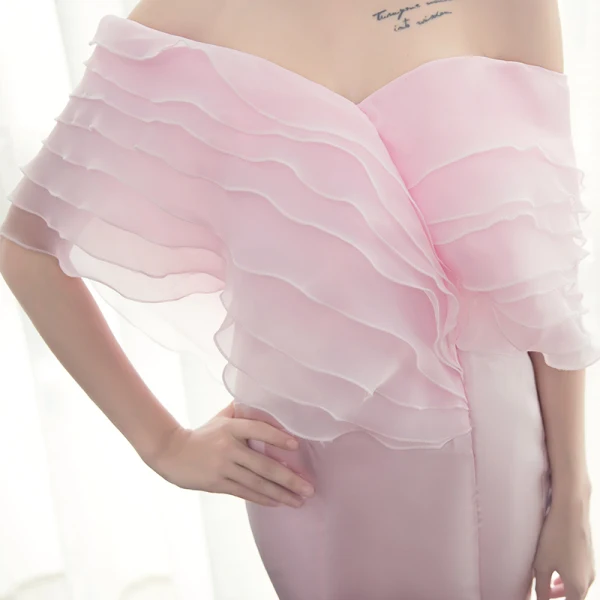 Sexy Einfarbig Champagner Abendkleider 2019 Meerjungfrau Off Shoulder Rüschen Kurze Ärmel Rückenfreies Hof-Schleppe Festliche Kleider