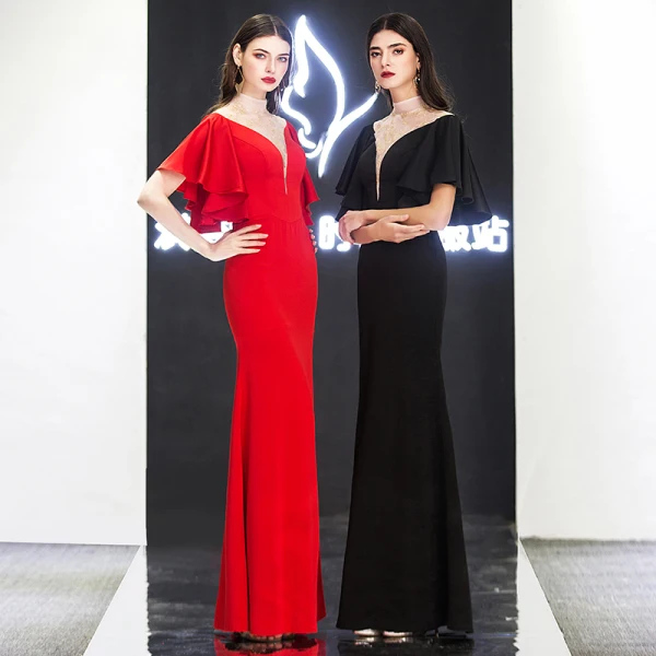 Chic / Belle Noire Robe De Soirée 2019 Trompette / Sirène Col Haut En Dentelle Fleur Manches Courtes Longue Robe De Ceremonie