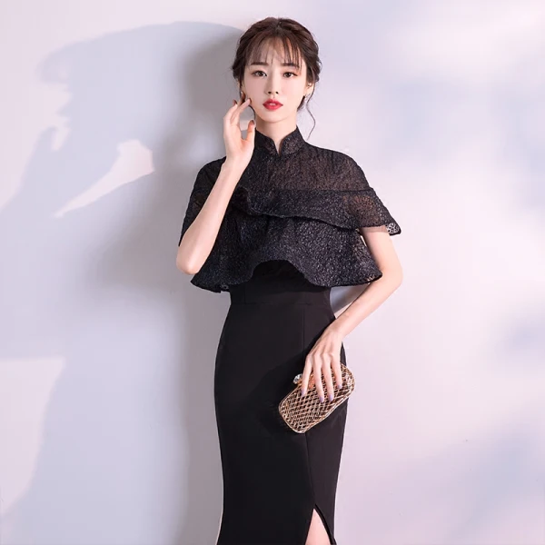 Chinese style Black Evening Dresses 2019 Trumpet / Mermaid High Neck Short Sleeve Split Front Floor-Length / Long Formal Dresses