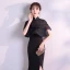 Chinese style Black Evening Dresses  2019 Trumpet / Mermaid High Neck Short Sleeve Split Front Floor-Length / Long Formal Dresses