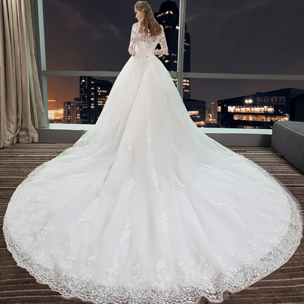 Chic / Belle Rouge Robe De Mariée 2019 Princesse Encolure Dégagée Perlage Cristal En Dentelle Fleur 1/2 Manches Royal Train