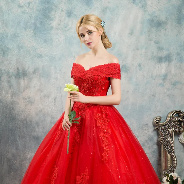 Elegant Red Wedding Dresses 2019 Ball Gown Off-The-Shoulder Beading Crystal Flower Lace Short Sleeve Backless Floor-Length / Long