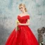 Elegant Red Wedding Dresses 2019 Ball Gown Off-The-Shoulder Beading Crystal Flower Lace Short Sleeve Backless Floor-Length / Long
