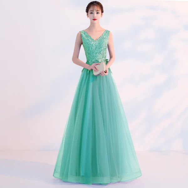 Affordable Pool Blue Evening Dresses 2019 A-Line / Princess V-Neck Lace Flower Sleeveless Backless Floor-Length / Long Formal Dresses