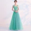 Affordable Pool Blue Evening Dresses  2019 A-Line / Princess V-Neck Lace Flower Sleeveless Backless Floor-Length / Long Formal Dresses