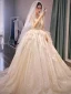 Luxury / Gorgeous Champagne Glitter Wedding Dresses 2019 A-Line / Princess See-through Deep V-Neck Sleeveless Backless Cascading Ruffles