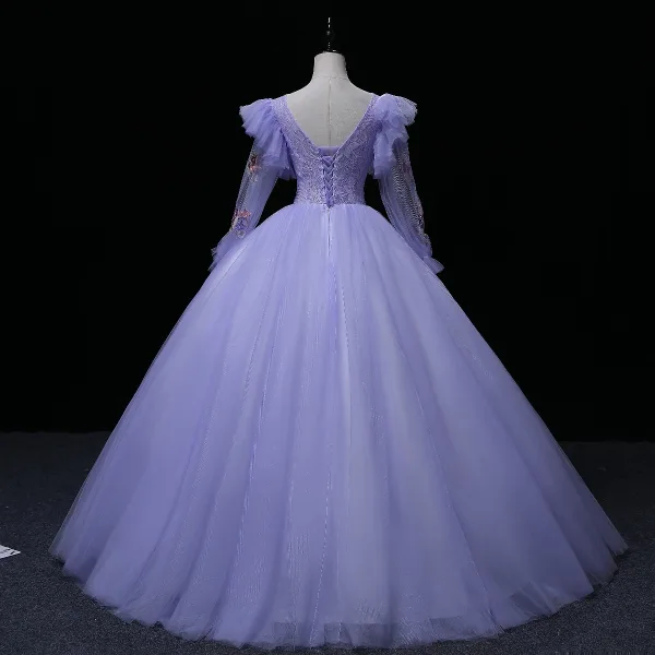 Elegant Lavender Beading Lace Flower Sequins Prom Dresses 2022 Ball Gown Scoop Neck Long Sleeve Prom Floor-Length / Long Formal Dresses