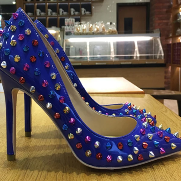 Schöne Königliches Blau Ball Pumps 2018 Niet Leder 12 cm Stilettos Spitzschuh Pumps