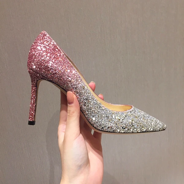 Scintillantes Dégradé de couleur Rougissant Rose Promo Escarpins 2018 Paillettes Cuir 8 cm Talons Aiguilles Escarpins