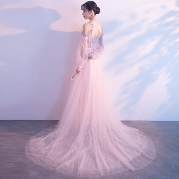 Elegant Pearl Pink Evening Dresses 2018 A-Line / Princess Scoop Neck Strapless Long Sleeve Appliques Lace Beading Rhinestone Chapel Train Ruffle Backless Formal Dresses