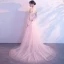 Elegant Pearl Pink Evening Dresses  2018 A-Line / Princess Scoop Neck Strapless Long Sleeve Appliques Lace Beading Rhinestone Chapel Train Ruffle Backless Formal Dresses
