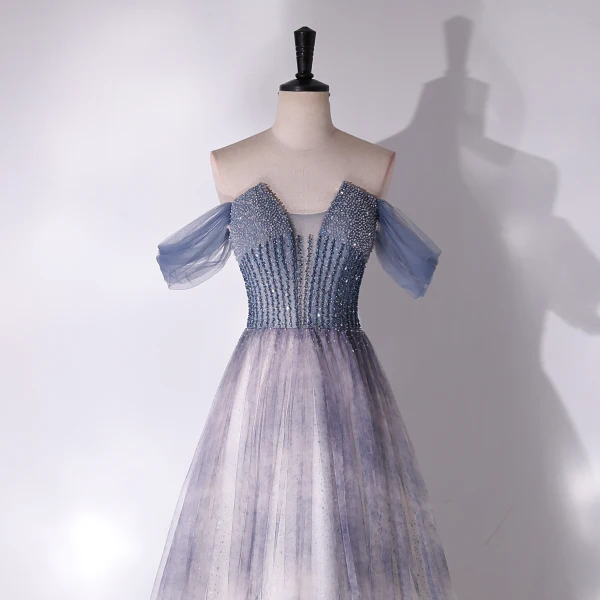 Chic / Beautiful Grey Sky Blue Beading Sequins Prom Dresses 2024 A-Line / Princess Off-The-Shoulder Sleeveless Backless Floor-Length / Long Prom Formal Dresses