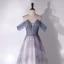 Chic / Beautiful Grey Sky Blue Beading Sequins Prom Dresses 2024 A-Line / Princess Off-The-Shoulder Sleeveless Backless Floor-Length / Long Prom Formal Dresses