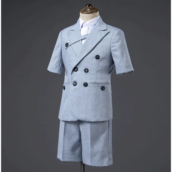 Mode Gris Bleu Ciel Costume Garçon Mariage 2021 Manches Courtes Noeud Cravate