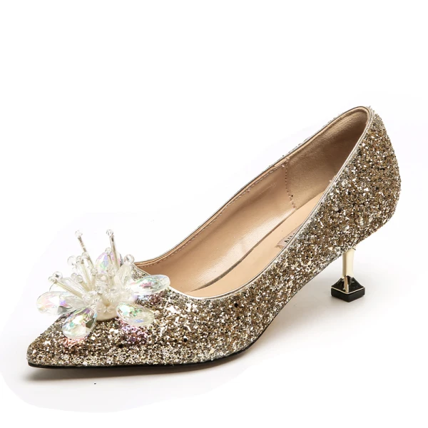 Glitter Champagne Handgemaakt Kristal Bruidsschoenen 2019 Pailletten Rhinestone 8 cm Naaldhakken / Stiletto Spitse Neus Huwelijk Pumps