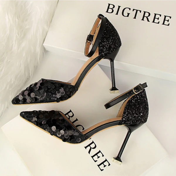 Affordable Silver Casual Womens Shoes 2019 Ankle Strap Sequins 9 cm Stiletto Heels Pointed Toe High Heels
