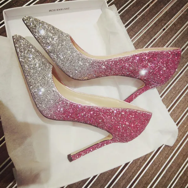 Charmant Dégradé De Couleur Argenté Chaussure De Mariée 2019 Paillettes 10 cm Talons Aiguilles À Bout Pointu Mariage Escarpins