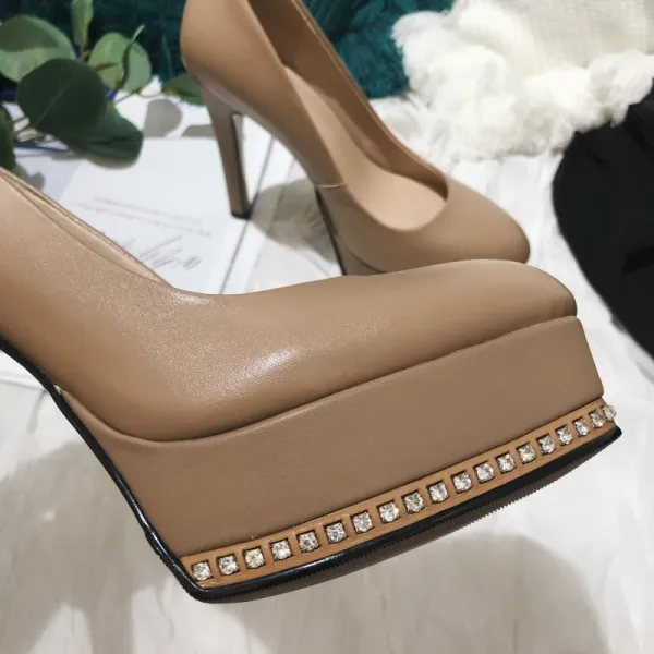 Chic / Beautiful White Evening Party Rhinestone Pumps 2021 Leather 12 cm Stiletto Heels Waterproof Pointed Toe Pumps High Heels