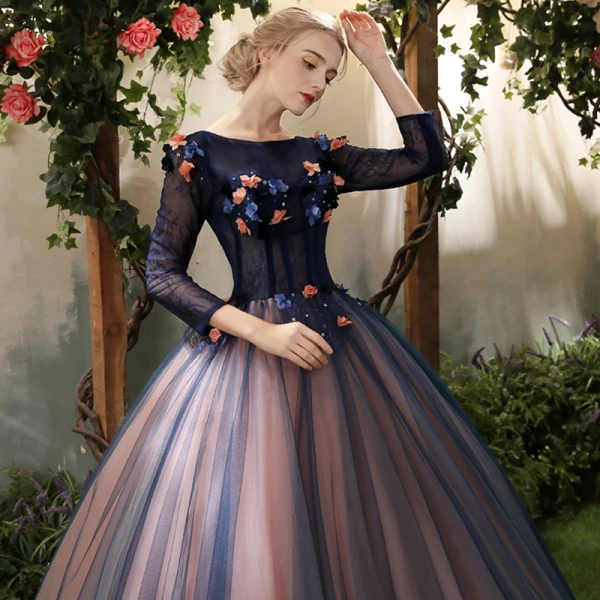 Elegant Royal Blue Quinceañera Prom Dresses 2018 Ball Gown Appliques Pearl Scoop Neck Backless 3/4 Sleeve Floor-Length / Long Formal Dresses