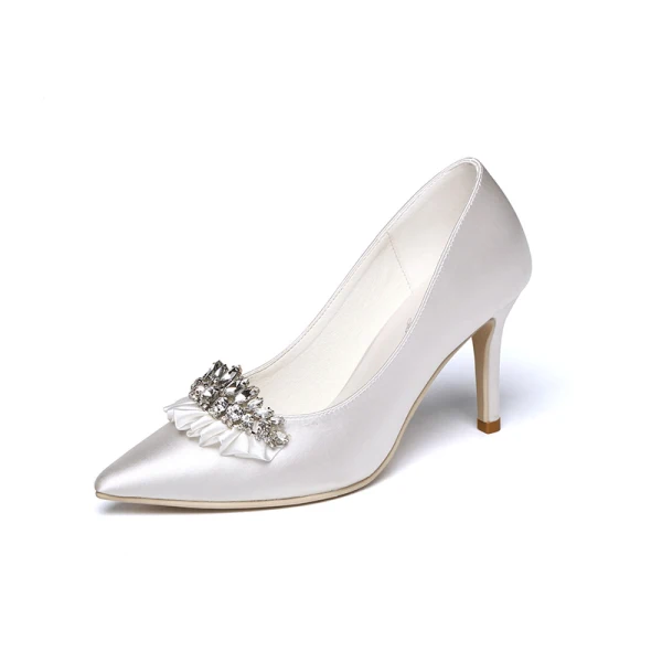 Luxury / Gorgeous White Wedding Shoes 2019 Leather Rhinestone 8 cm Stiletto Heels Pointed Toe Wedding Pumps