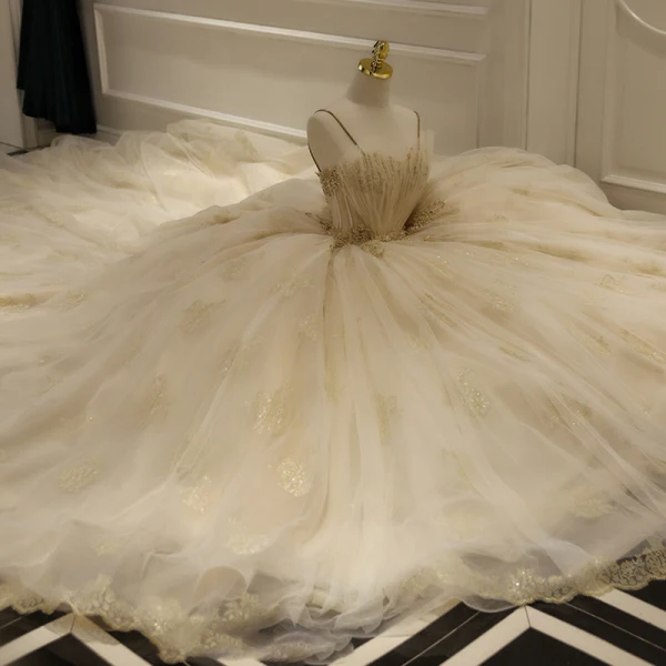 Luxe Champagne Robe De Mariée 2018 Dos Nu Robe Boule Perlage Paillettes Bretelles Spaghetti Sans Manches Royal Train Mariage