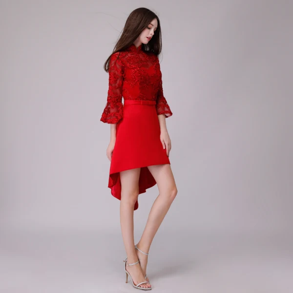 Chic / Belle de retour Kaki Robe De Graduation 2018 Princesse Noeud En Dentelle Asymétrique Col Haut 3/4 Manches Robe De Ceremonie