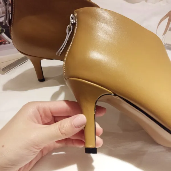 Simple Beige Désinvolte Bottes Femme 2019 Cuir 7 cm Talons Aiguilles À Bout Pointu Bottes