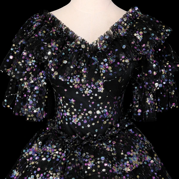 Sparkly Black Prom Dresses 2019 A-Line / Princess V-Neck Star Sequins Lace Flower 1/2 Sleeves Floor-Length / Long Formal Dresses