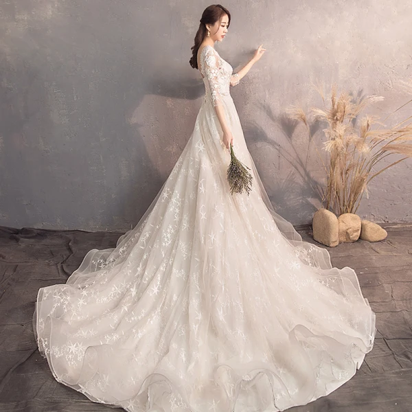Charming Champagne Wedding Dresses 2019 A-Line / Princess Scoop Neck Star Lace Flower 3/4 Sleeve Backless Court Train