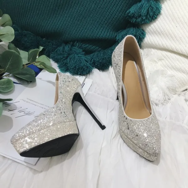 Glittrande Silver Afton Paljetter Pumps 2021 Läder 12 cm Högklackade Stilettklackar Spetsiga Pumps