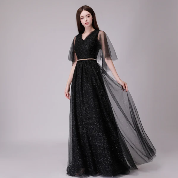Chic / Belle Bleu Marine Robe De Soirée 2018 Princesse Glitter Métal Ceinture V-Cou Dos Nu 1/2 Manches Longue Robe De Ceremonie